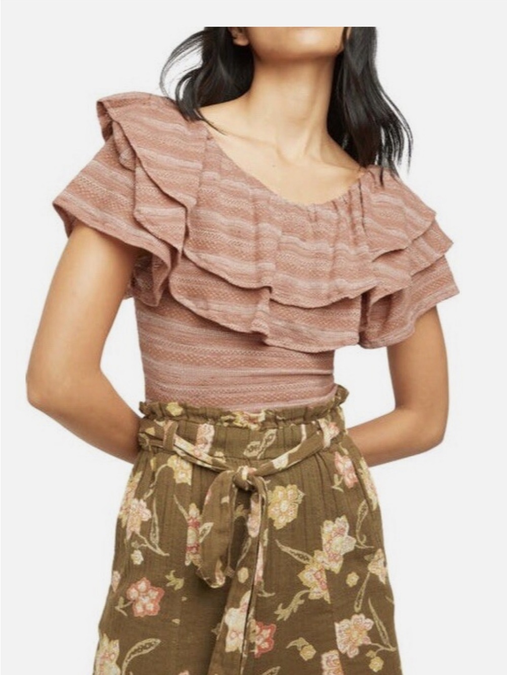 Free People Heirloom Ruffle Top Blush Pink Textured Knit Flutter Sleeve Size S